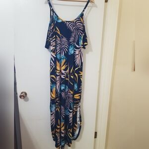 Cold Shoulder Tropical Print Stretch Maxi Dress Side Slits XL